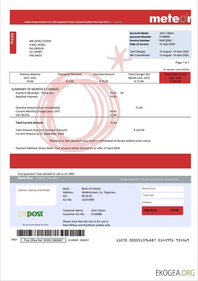 Ireland Meteor utility bill template in Word and PDF format